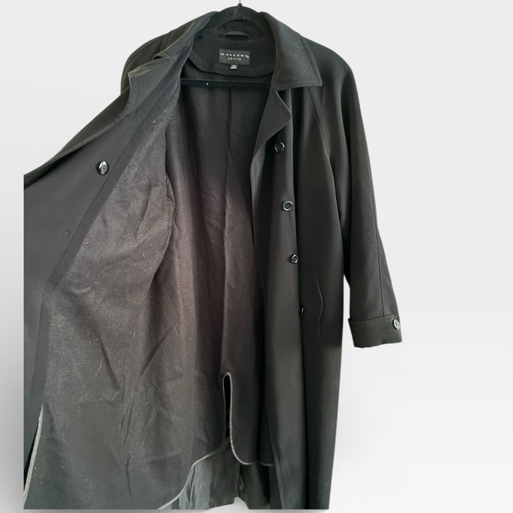Vintage Gallery Long Black Classic Double Breasted Capsule Trench Coat Size 16P - Picture 7 of 11